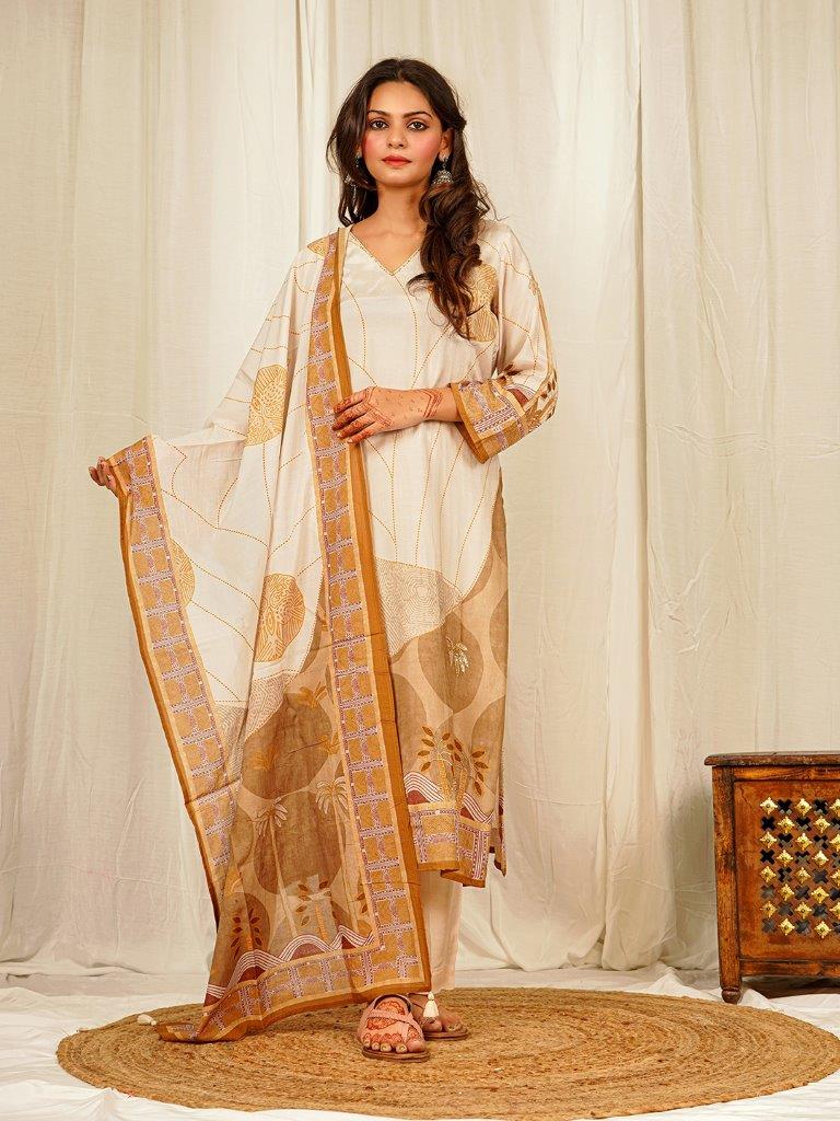 Geomatric Print Muslin Crepe Kurta Pant Set with Dupatta with Hand Embroidery - Off-white earthofab