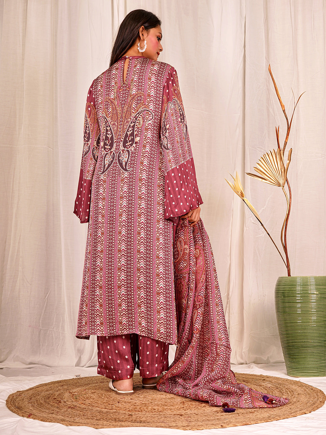 Elegant Dusty Rose Silk Satin Kurta Set with Handwork and Organza Dupatta