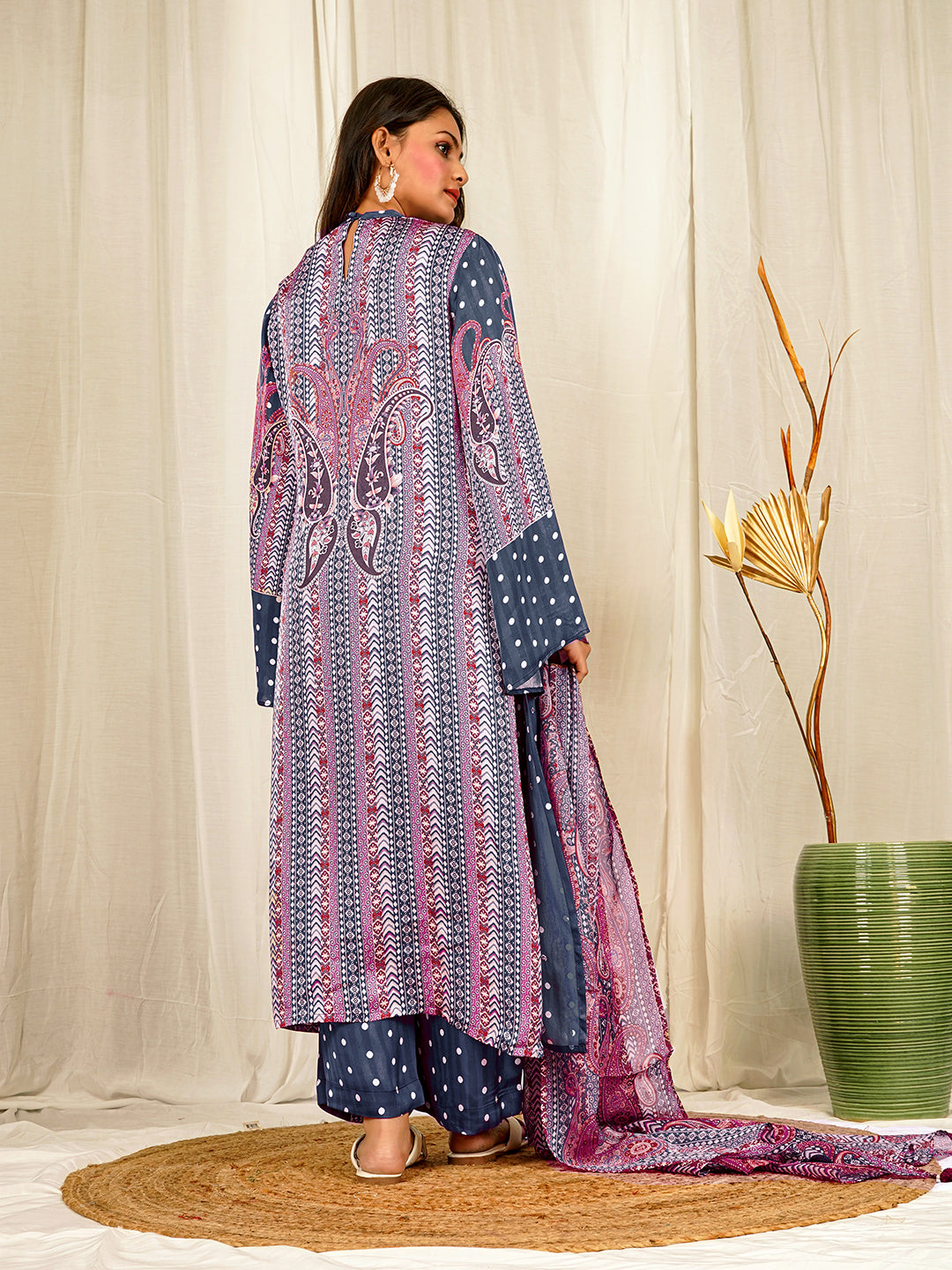 Elegant Teal Blue Silk Satin Kurta Set with Handwork and Polka-Paisley Print