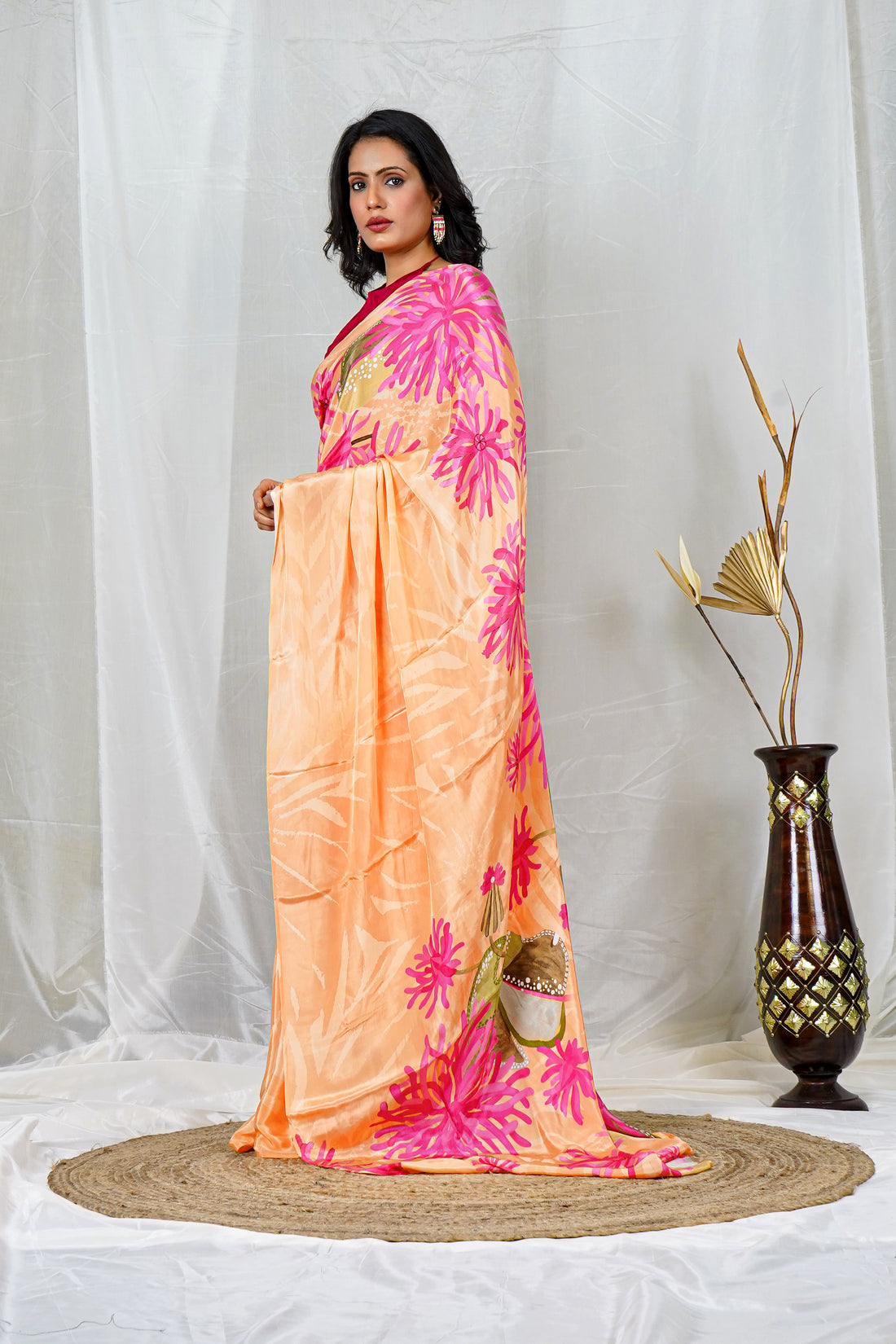 Soft Orange Natural Crepe Saree with Vibrant Multicolor Floral Prints