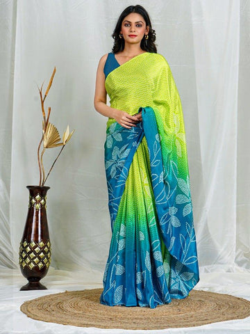 Yellow & Blue Natural Crepe Saree with Multicolor Floral Motifs