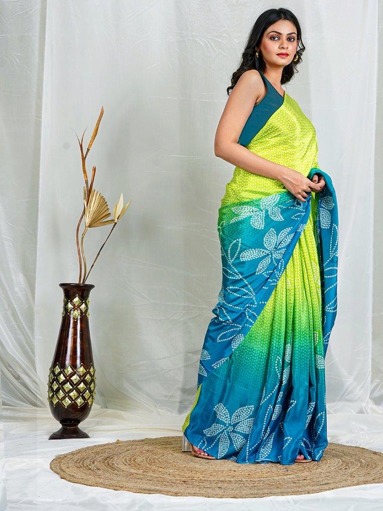 Yellow & Blue Natural Crepe Saree with Multicolor Floral Motifs