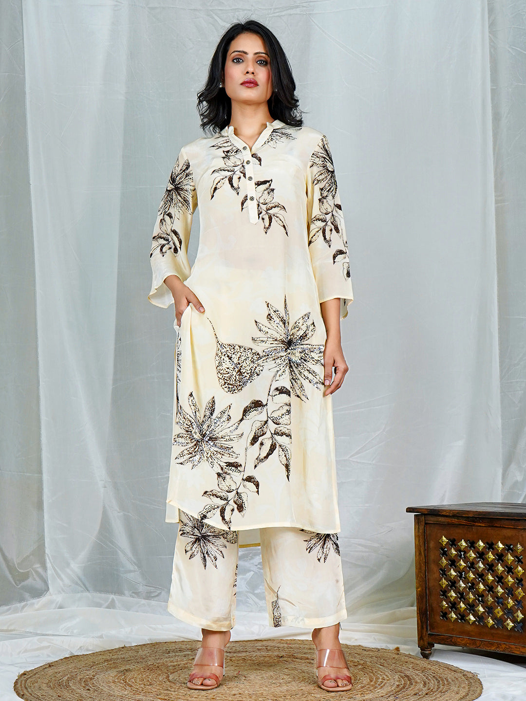 Off-White Natural Crepe Coord Set with Black Floral Prints & Sequin Detailing