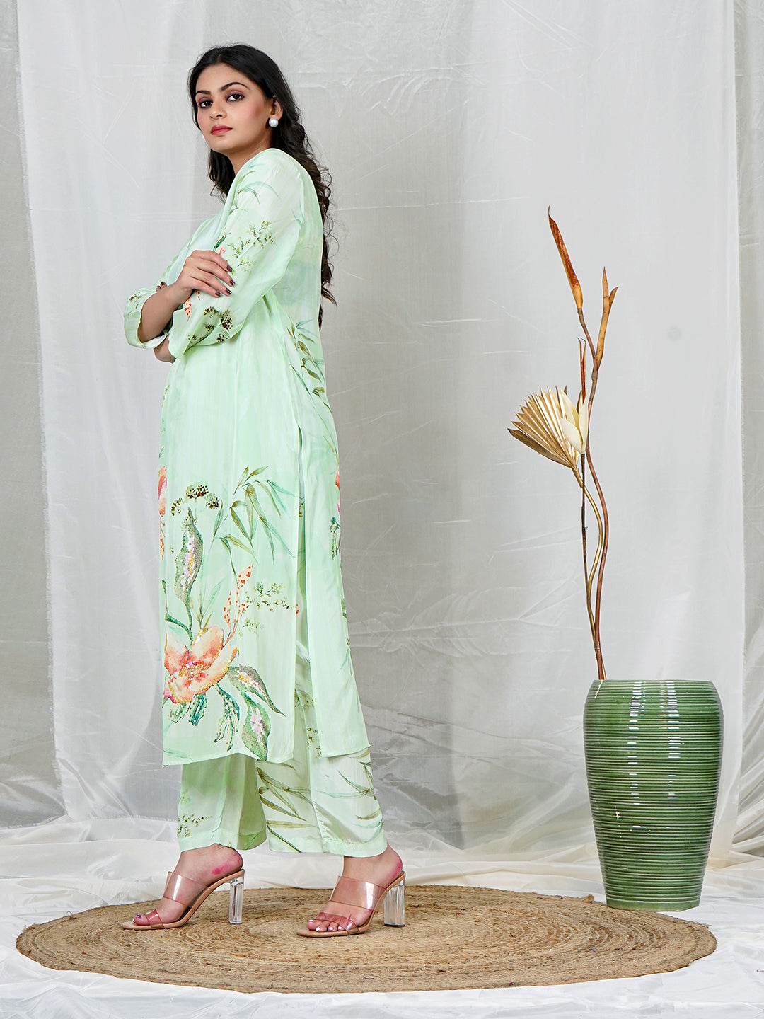 Pastel Green Natural Crepe Co-ord Set with pixelated floral prints