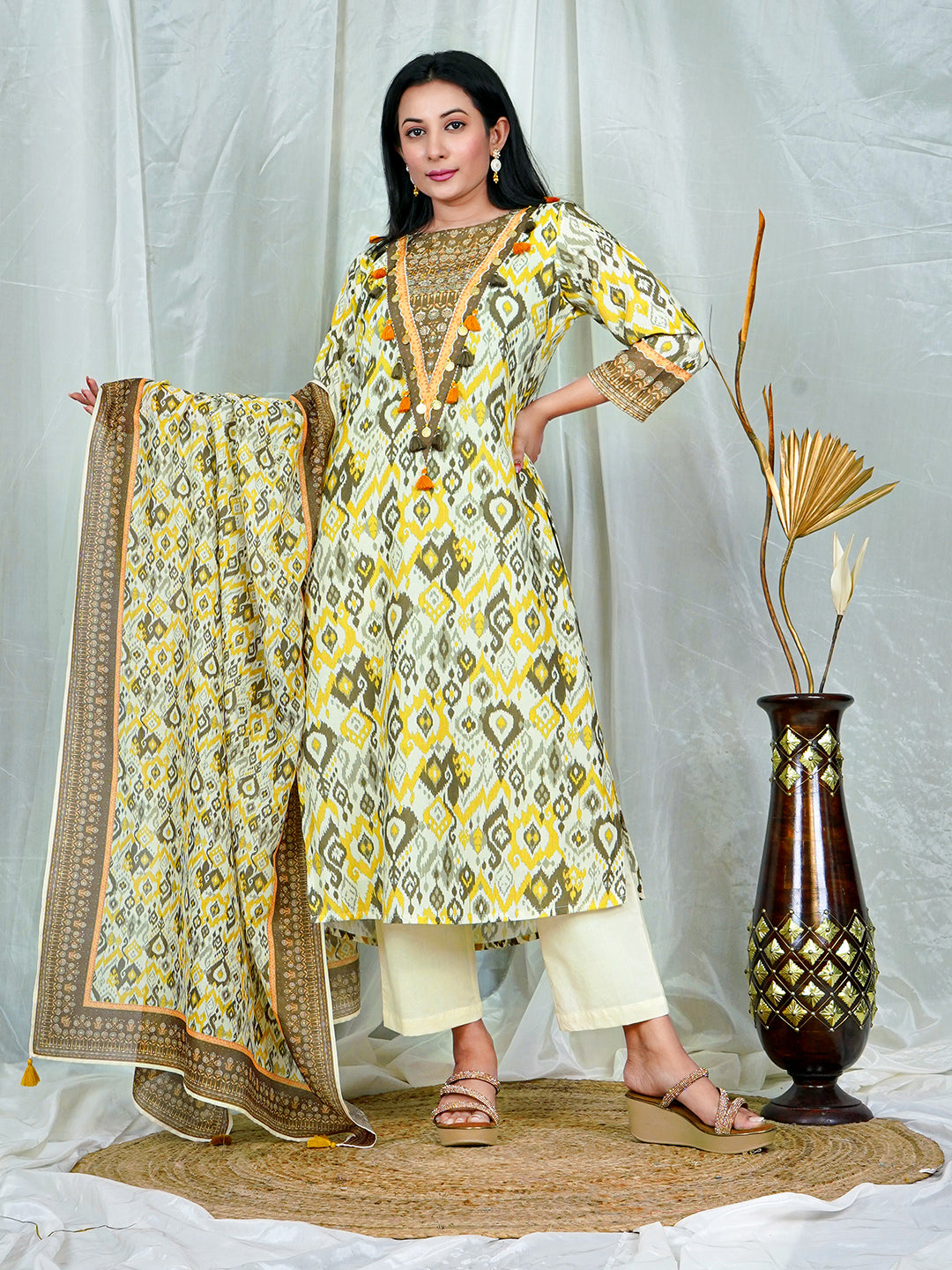 Mustard & Olive Ikat Print Cotton Kurta Set with Embroidered Neckline & Dupatta