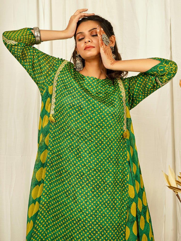 Green Geometric Boho Co-ord Set with Elegant Lace Detailing" earthofab