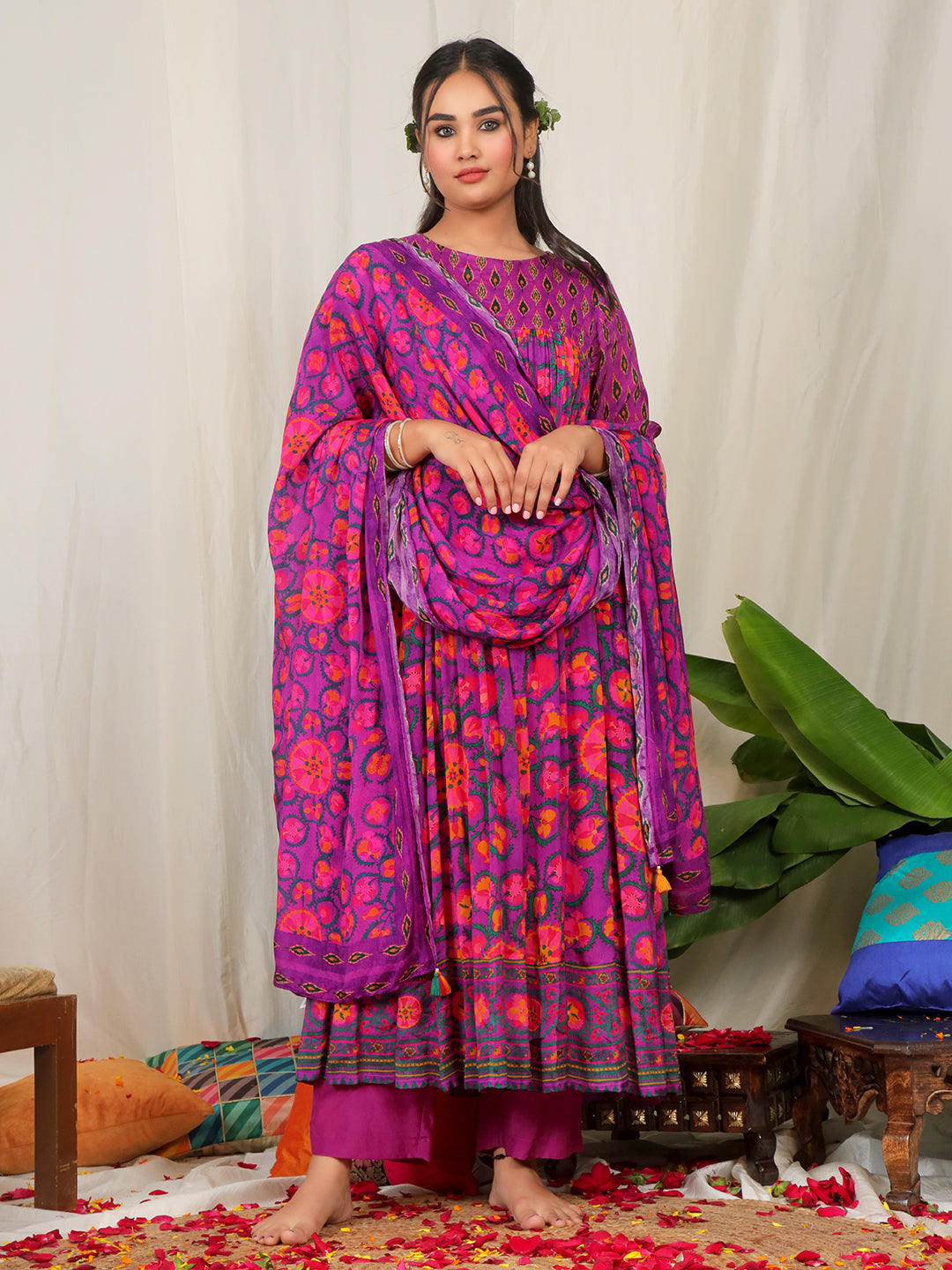 Purple color Suzani Print Chinon Anarkali sets with Handwork Detailing earthofab