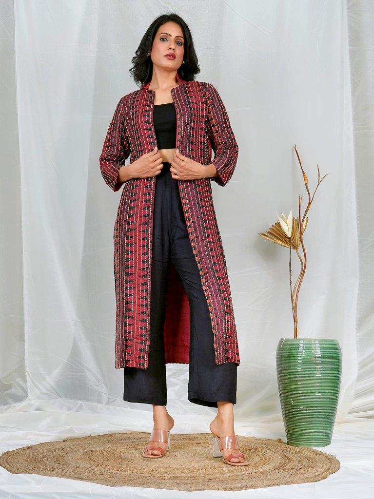 Red & Black Ikat Print Kantha Stitch Raw Silk Jacket | Premium Handcrafted Designer Wear