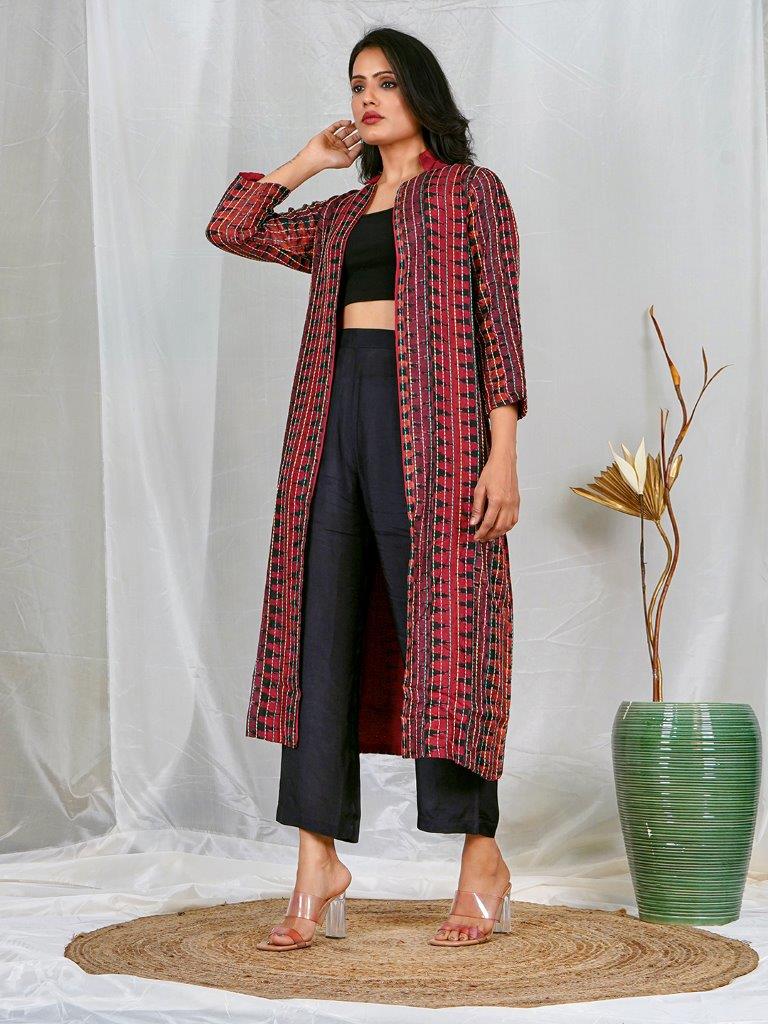 Red & Black Ikat Print Kantha Stitch Raw Silk Jacket | Premium Handcrafted Designer Wear