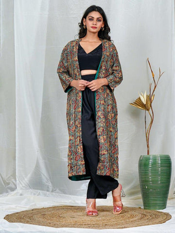 Teal Color Ajrakh Print Kantha Stitch Raw Silk Jacket