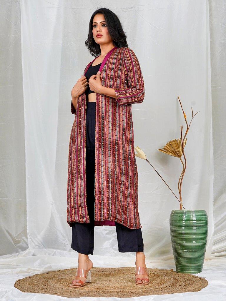 wine & Black Ikat Print Kantha Stitch Raw Silk Jacket: