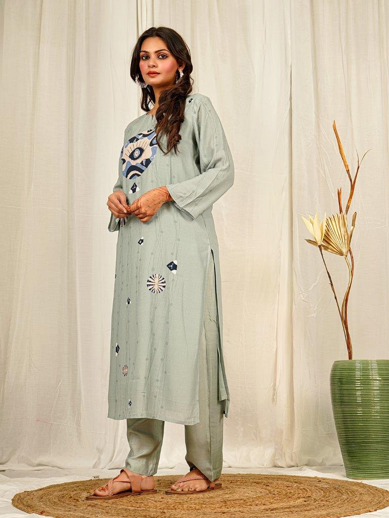 Grey Evil Eye Geometric Print Liva Crepe Kurta Set with Handwork Detailing