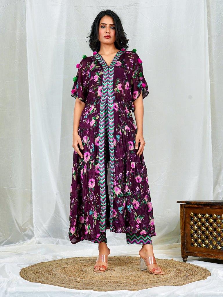 Wine Color Chinnon Floral Printed Gown with Handwork, Pom-Pom Detailing