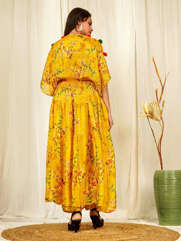 Yellow Floral Chinon Poncho Gown with Handwork and Geometric Detailing