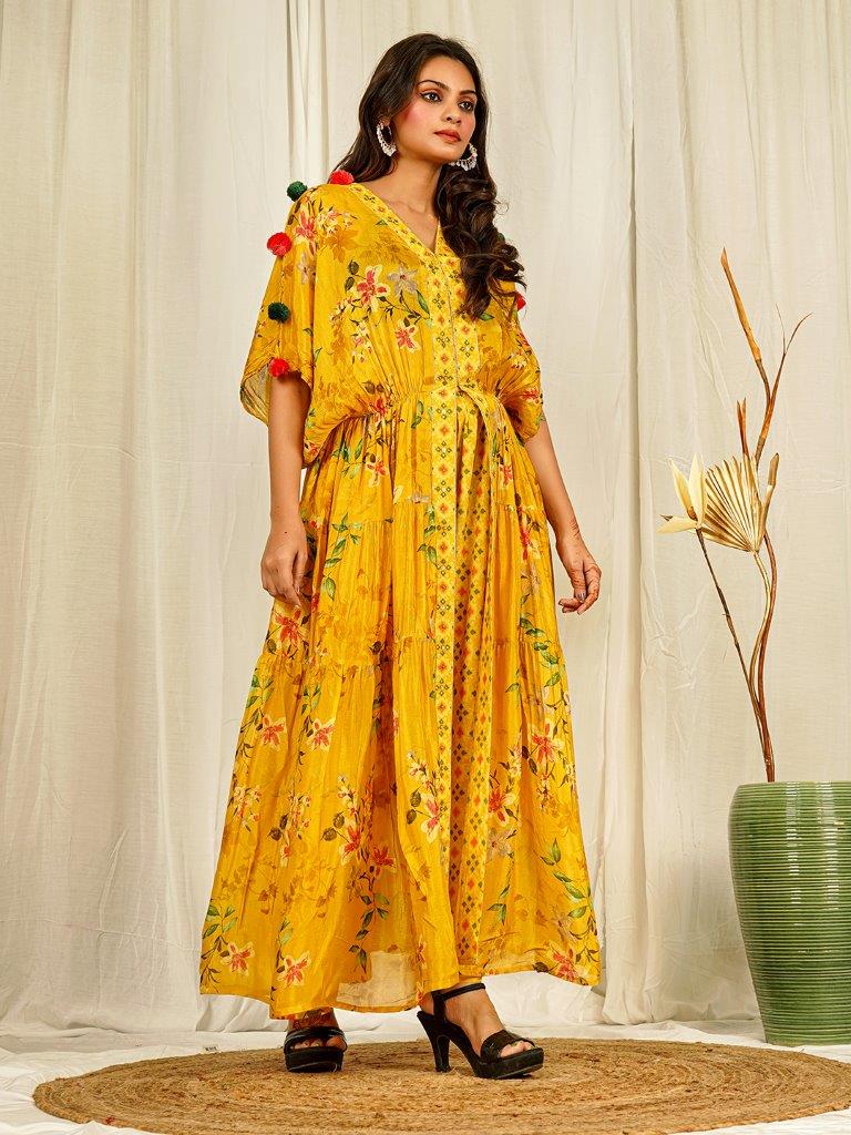 Yellow Floral Chinon Poncho Gown with Handwork Detailing