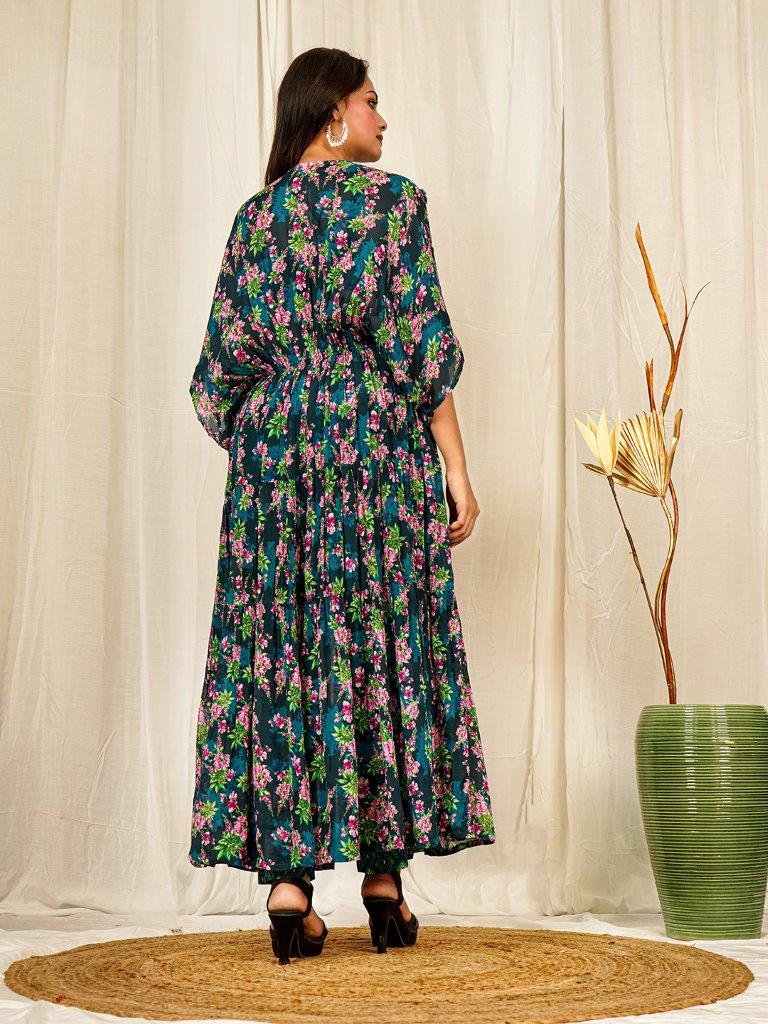 Teal Floral Chinon Poncho Gown with Handwork and Ikat Detailing