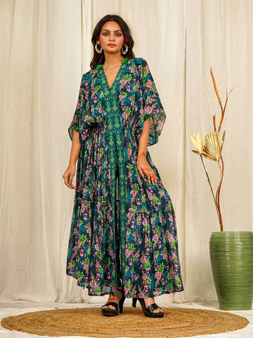 Teal Floral Chinon Poncho Gown with Handwork Detailing