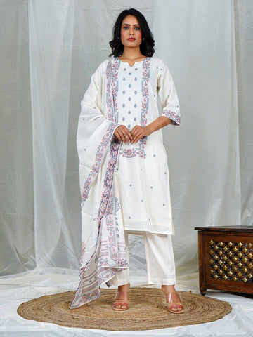 Elegant White Cotton Jacquard Jamdani Weave Kurta Set with Dupatta