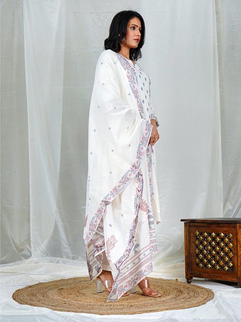 Elegant White Cotton Jacquard Jamdani Weave Kurta Set with Dupatta