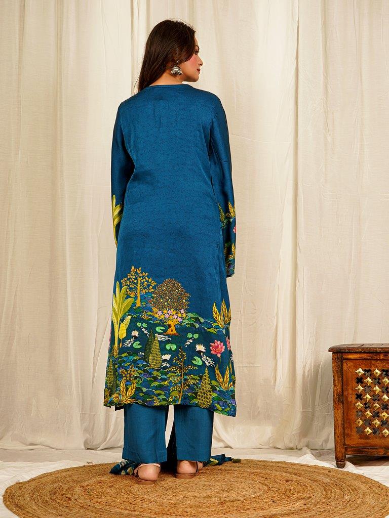 Elegant Blue Floral Print Muslin Kurta Sets with Handwork