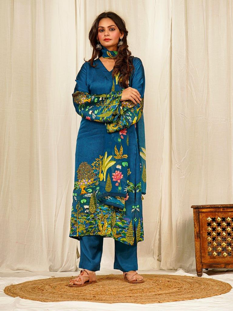 Elegant Blue Floral Print Muslin Kurta Sets with Handwork