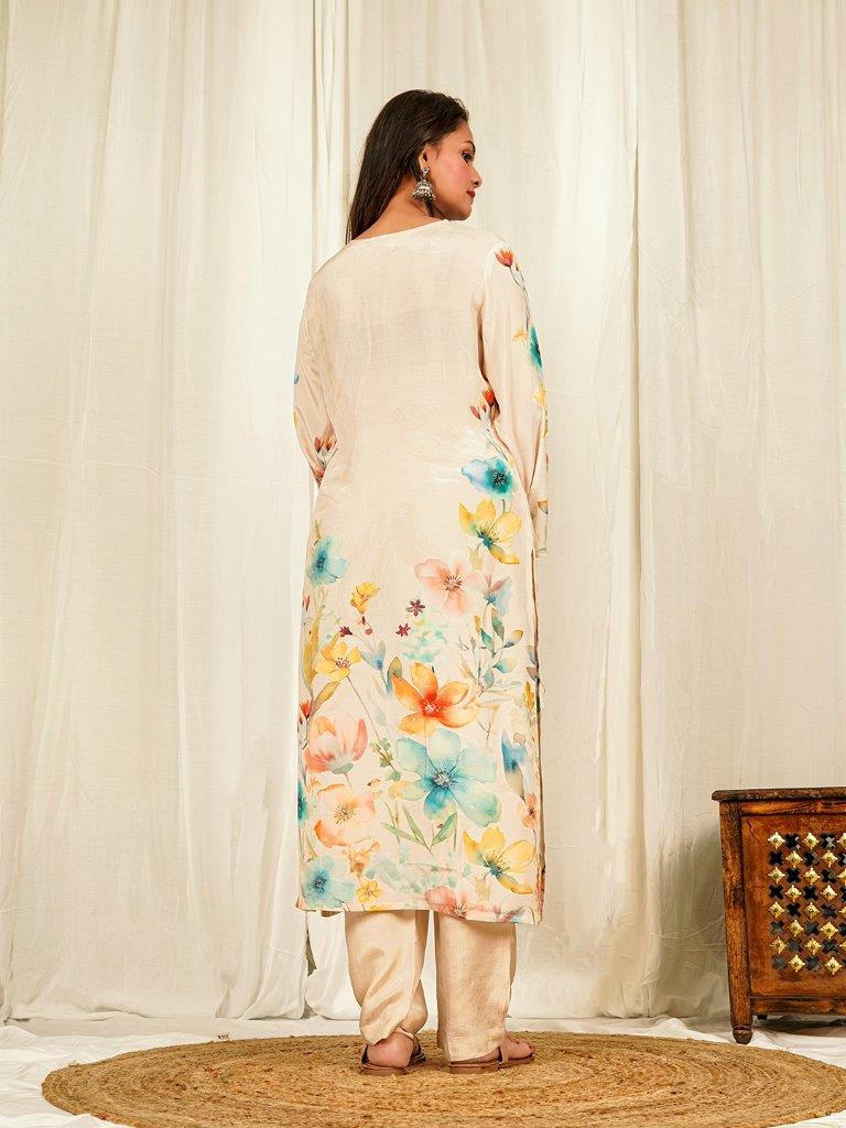 Elegant Off-White Watercolor Floral Printed Muslin Kurta Set with Sequins Handwork