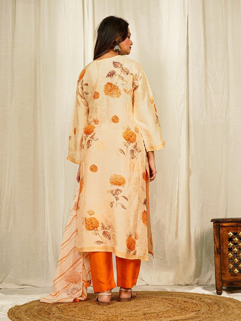 Elegant Cream Floral Raw Silk Kurta Set with Sequins and Dupatta