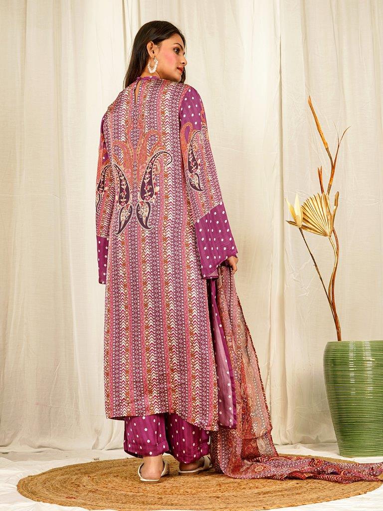 Regal Purple Silk Satin Kurta Set with Hand Embellishments and Organza Dupatta