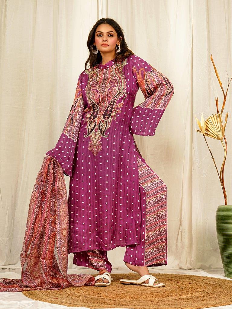 Regal Purple Silk Satin Kurta Set with Hand Embellishments and Organza Dupatta