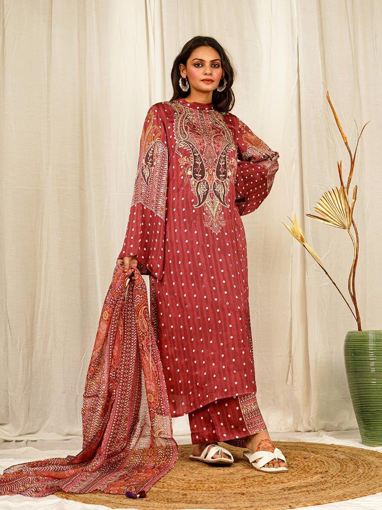 Elegant Dusty Rose Silk Satin Kurta Set with Handwork and Organza Dupatta