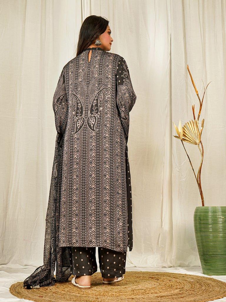 Elegant Black Silk Satin Kurta Set with Handwork and Polka-Paisley Print