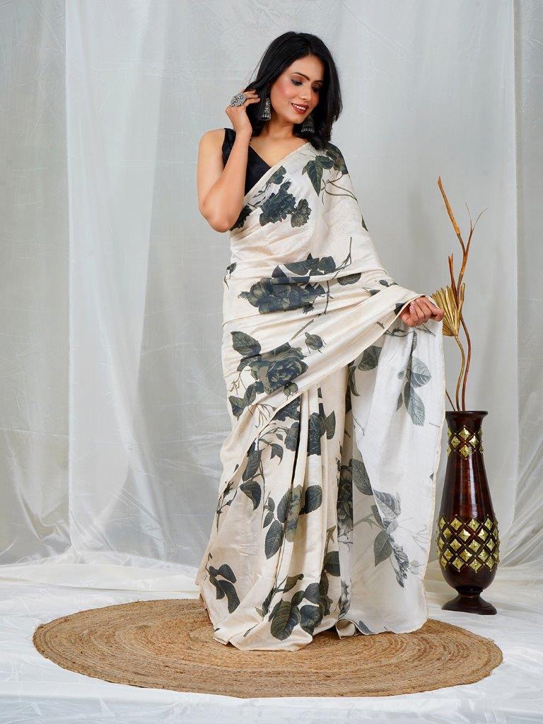 Ethereal Elegance: Off-White & Black Floral Chanderi Saree