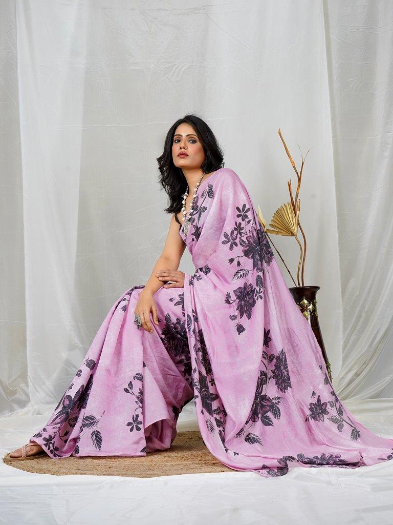 Elegant Chanderi Pink Floral Saree – Timeless Grace & Sophistication