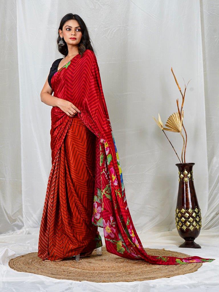 Red Multi Color Floral Print Natural Crepe Saree | Festive & Evening Wear