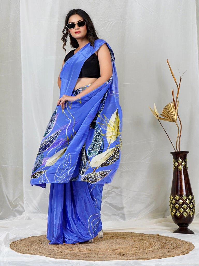 Royal Blue Multicolor Floral Print Natural Crepe Saree