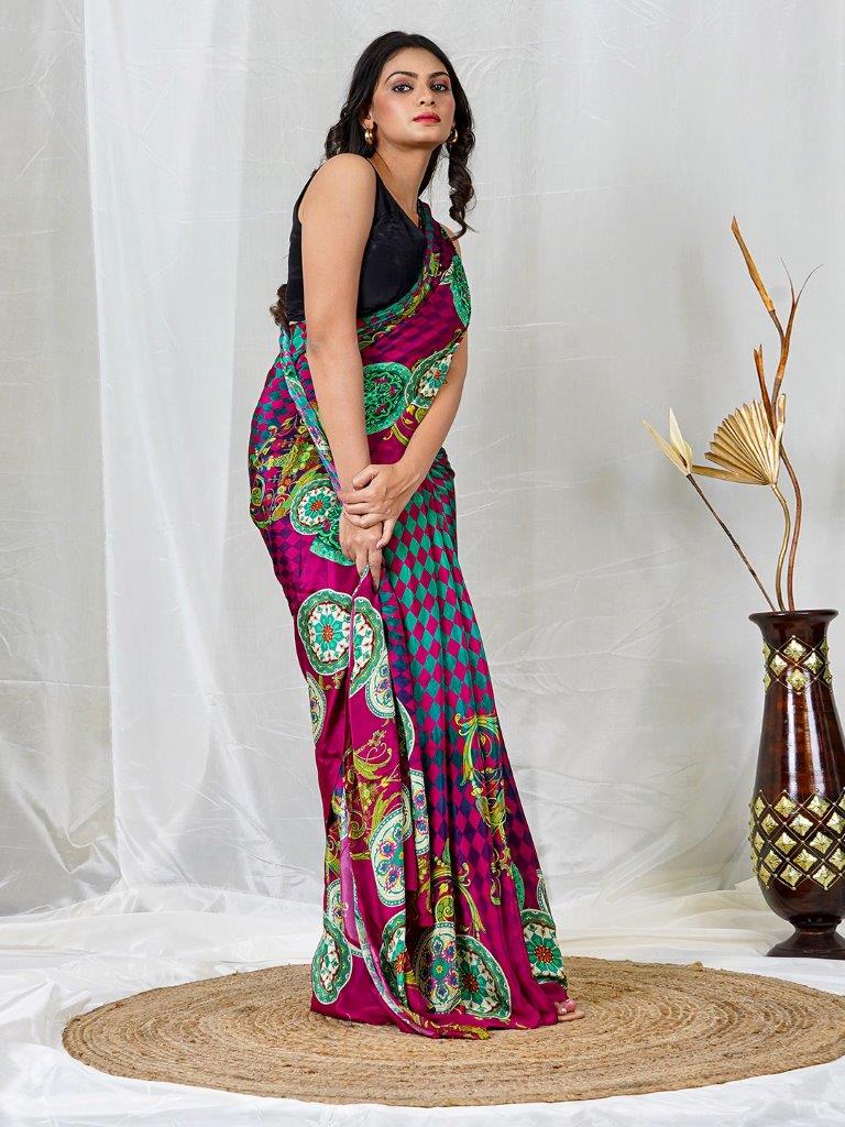 Multicolor Floral Print Natural Crepe Saree | Elegant Festive & Evening Wear