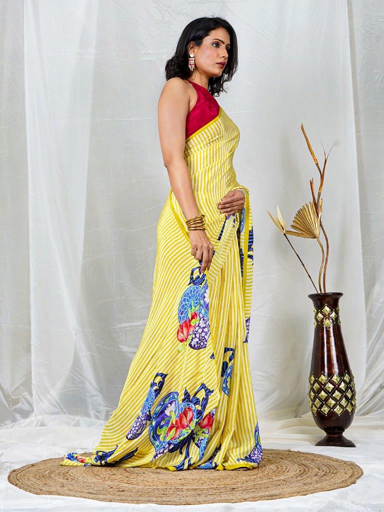 Yellow Multicolor Floral Print Natural Crepe Saree