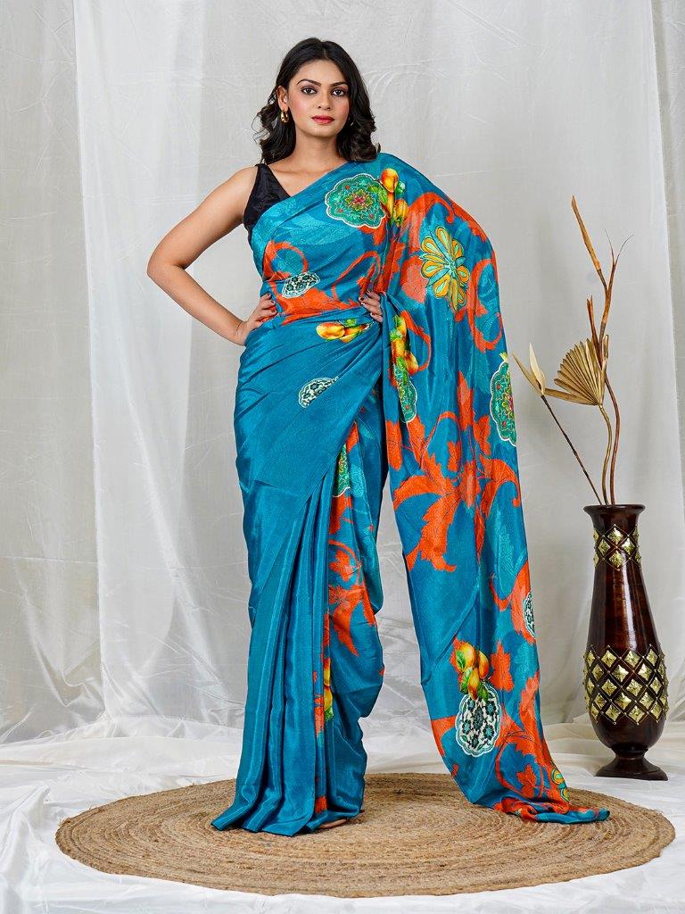 Blue Natural Crepe Saree with Vibrant Multicolor Floral Motifs