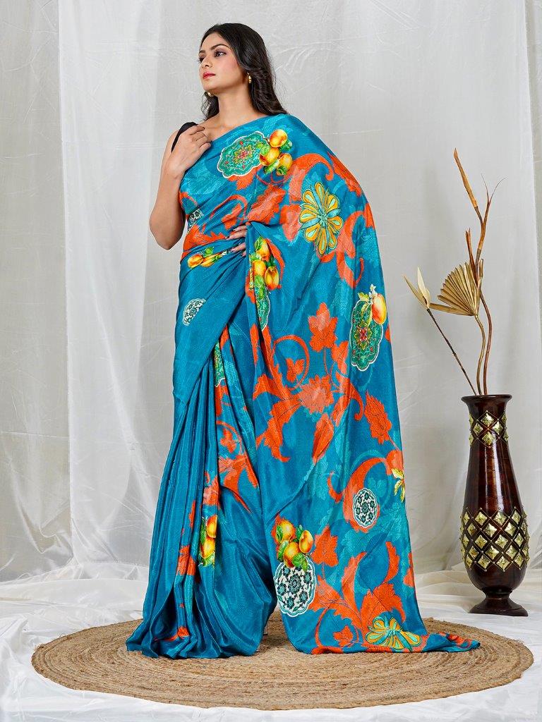 Blue Natural Crepe Saree with Vibrant Multicolor Floral Motifs