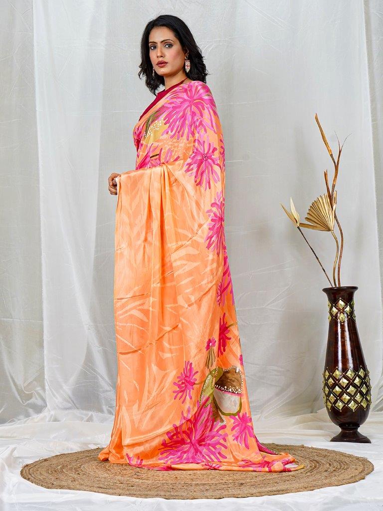 Soft Orange Natural Crepe Saree with Vibrant Multicolor Floral Prints