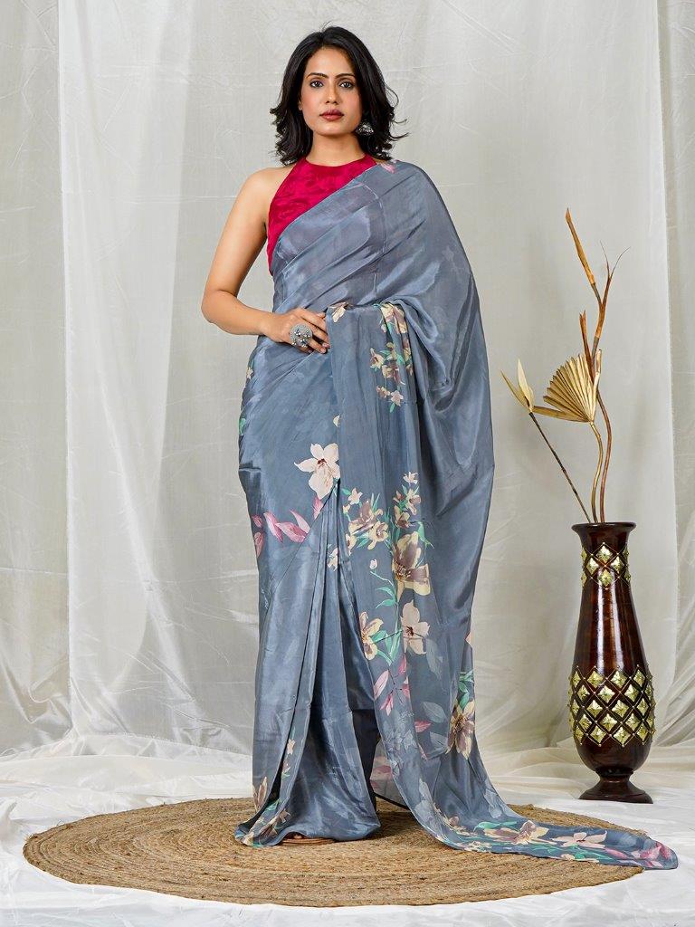 Grey Natural Crepe Saree with Vibrant Multicolor Floral Prints