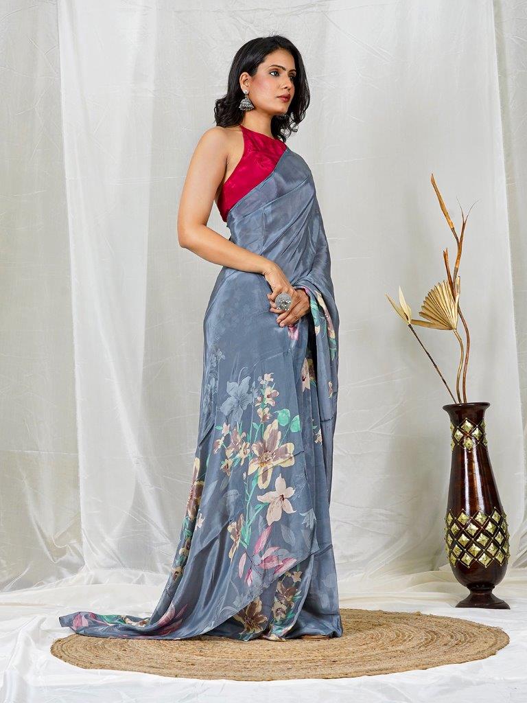 Grey Natural Crepe Saree with Vibrant Multicolor Floral Prints