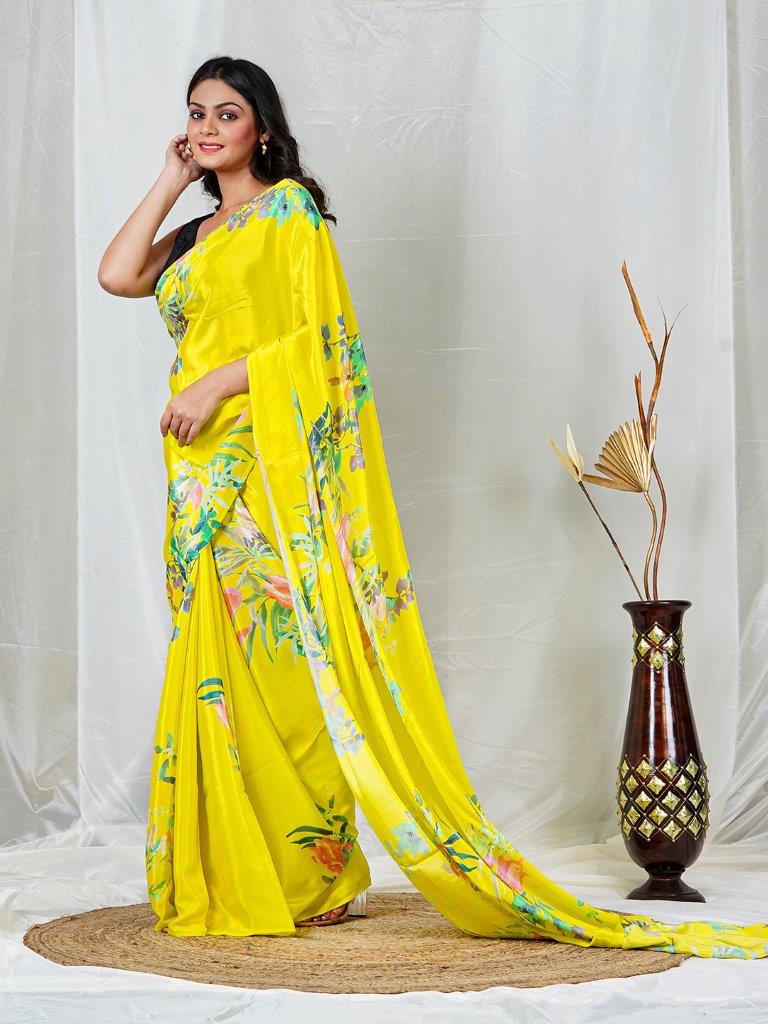 Elegant Yellow Natural Crepe Saree with Vibrant Multicolor Floral Prints