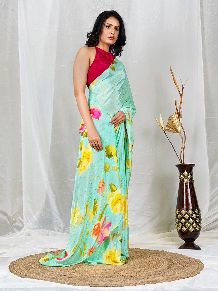 Sea Green Natural Crepe Saree with Vibrant Multicolor Floral Prints