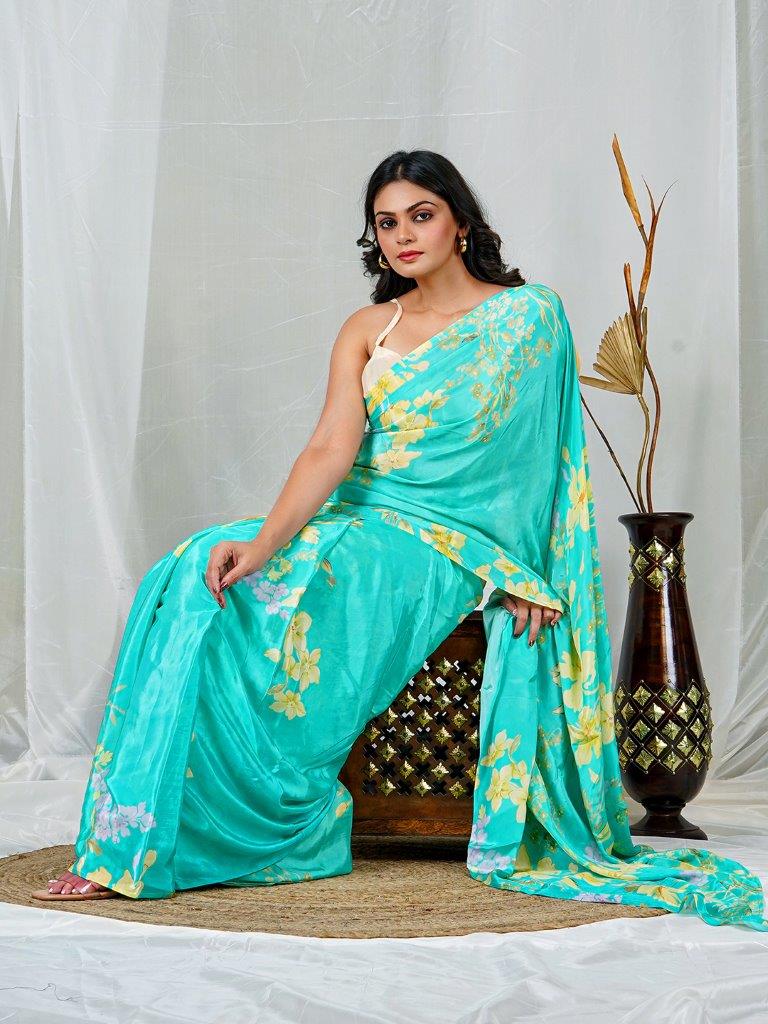 Mint Green Natural Crepe Saree with Vibrant Multicolor Floral Prints