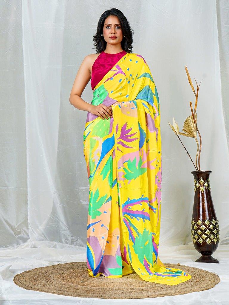 Yellow Natural Crepe Saree with Vibrant Multicolor Floral Prints