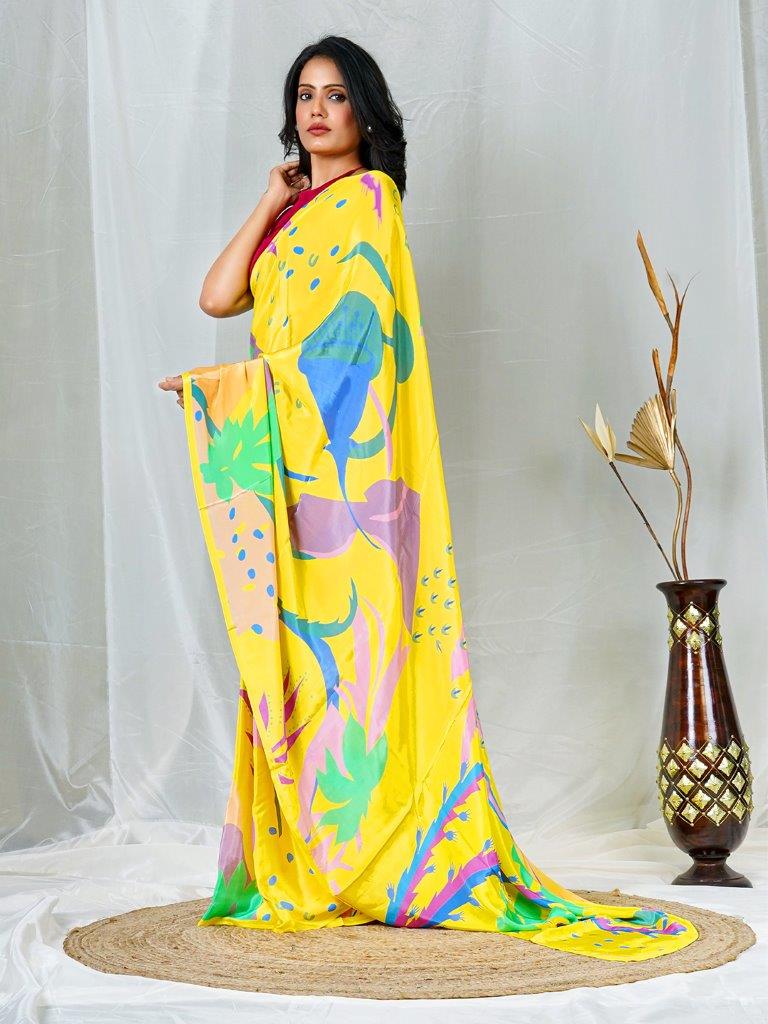 Yellow Natural Crepe Saree with Vibrant Multicolor Floral Prints