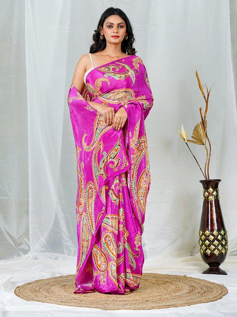 Rani Pink Natural Crepe Saree with Multicolor Floral Prints