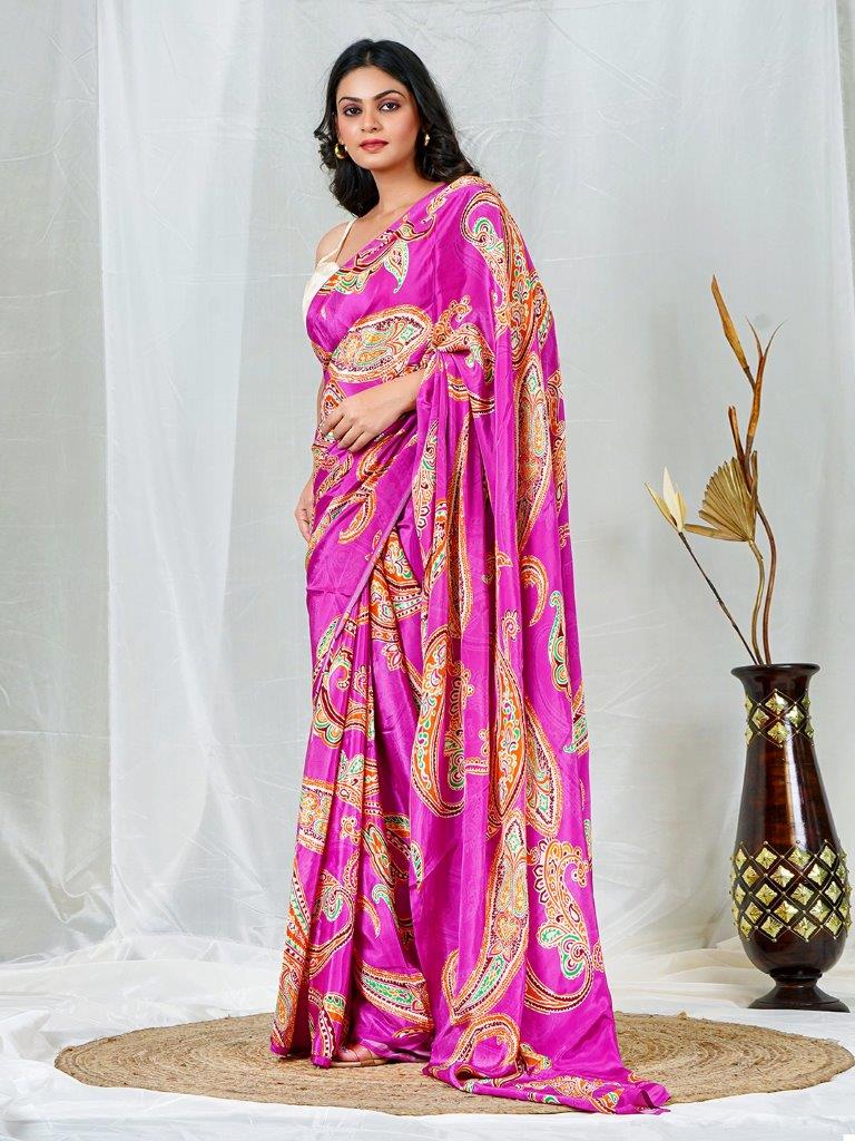 Rani Pink Natural Crepe Saree with Multicolor Floral Prints