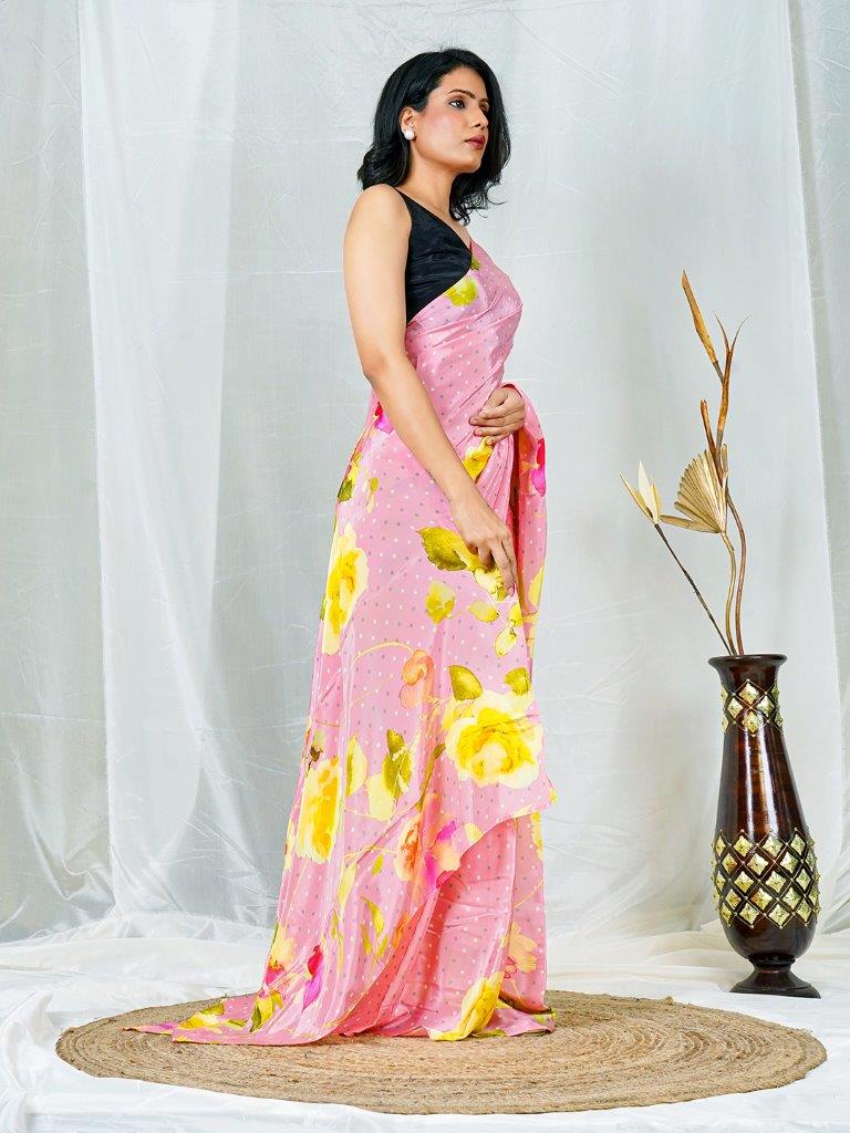 Pink Natural Crepe Saree with Multicolor Floral Prints